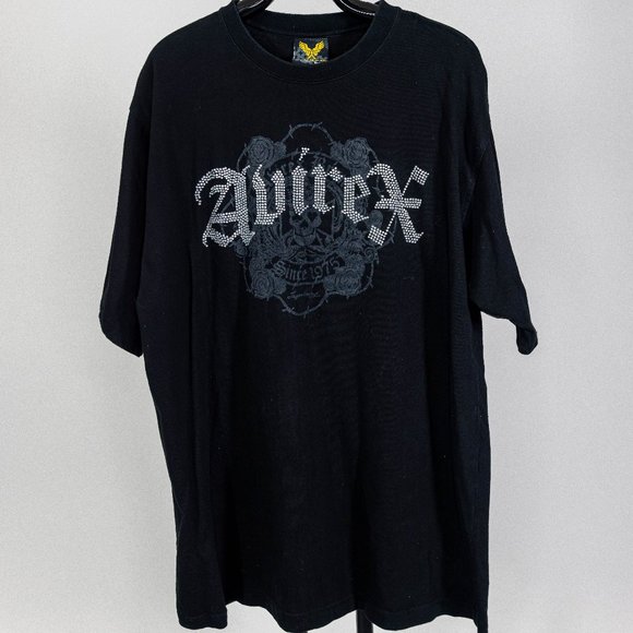 Avirex Other - Avirex Mens T-Shirt XXL Studded Logo with Skull Rose Barbed Wire Black Cotton